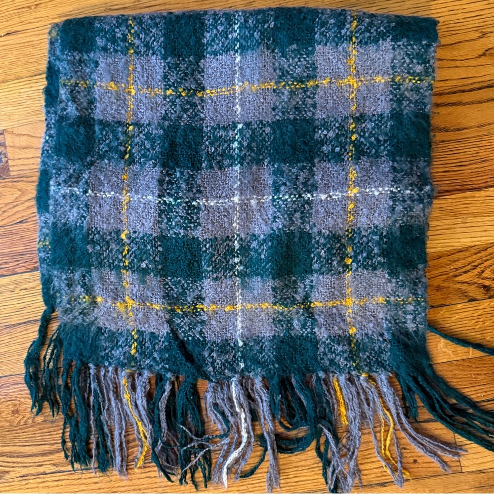 BDG Plaid Fringe Scarf in Green and Gray